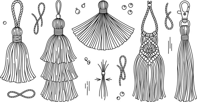 Tassel vector icon set featuring macrame knots layered fringes fan shapes and keychain clips for handmade craft decoration