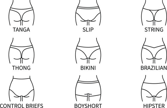 Women underwear types line icon set featuring tanga slip string thong bikini brazilian control briefs boyshort and hipster