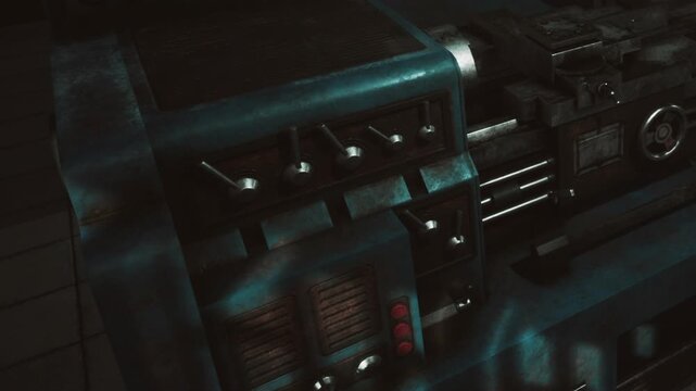 A metalworking machine sits in a workshop. The machinery is detailed with knobs and levers. Light filters in from nearby windows, highlighting the metal surfaces and tools present.
