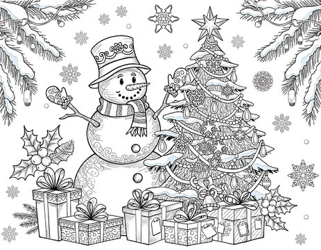 snowman with Christmas tree, cute snowman Christmas illustration, snowman beside Christmas tree, festive winter scene, adorable snowman character, Christmas winter artwork, snowy holiday landscape, ch