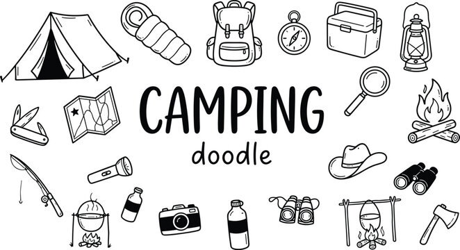 Outdoor hiking and wilderness camping equipment hand drawn black outline doodle icon collection vector illustration set