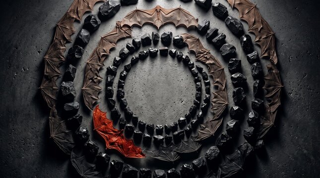 A dark, ritualistic arrangement of bat-like figures and angular shapes in concentric circles, with a glowing red organic object at the center on a textured surface.