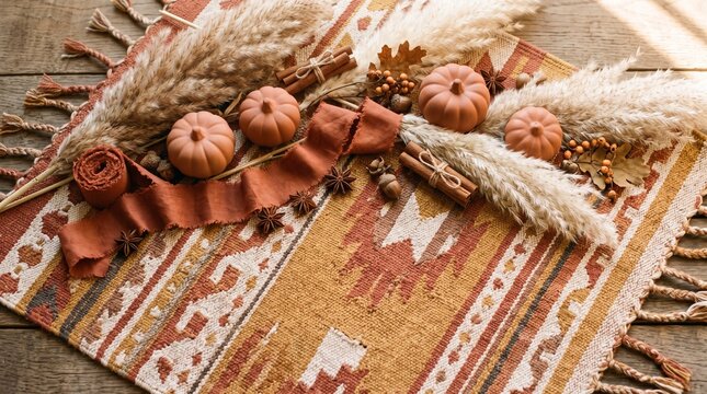 Autumnal table runner decorated with small pumpkins, pampas grass, cinnamon sticks, and a rust-colored ribbon, creating a cozy fall display.