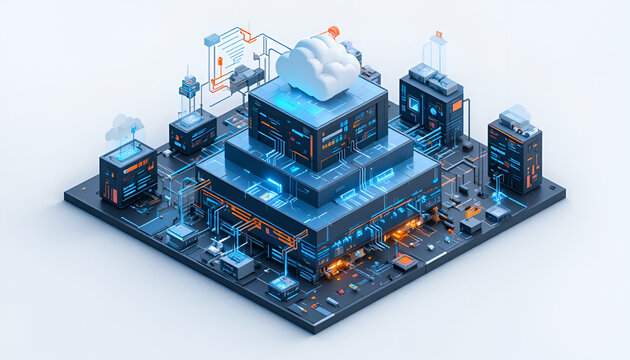 Isometric cloud computing server processor with digital data network and circuit board