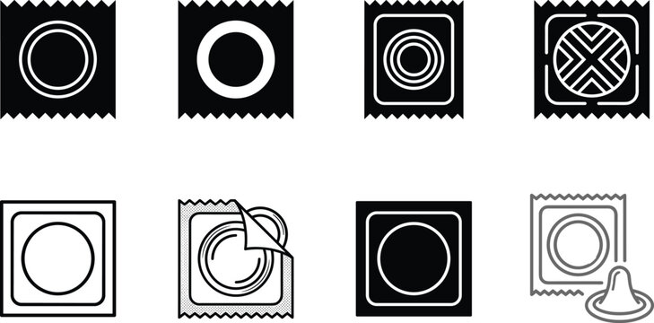Set of condom packet, contraception, safe sex, and protection vector icons in outline and solid styles