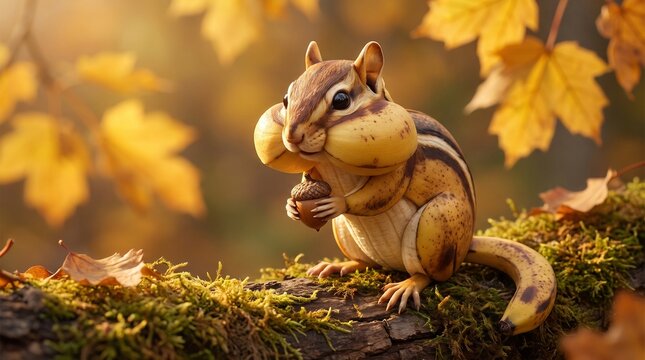 Chipmunk holding an acorn with banana peel cheeks in autumn foliage