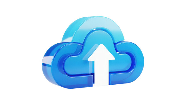 3D blue cloud icon with upward arrow symbolizing data upload in digital storage and cloud computing technology