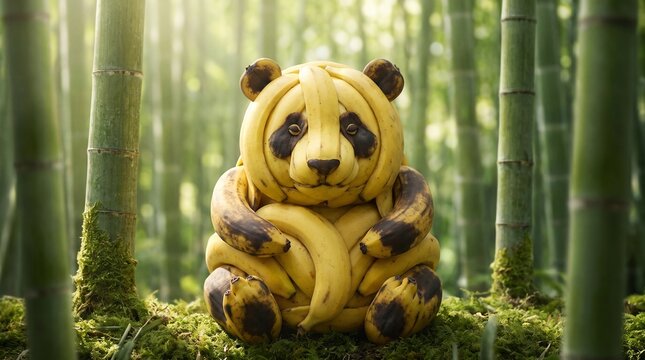 Banana panda sculpture sits amongst lush green bamboo stalks