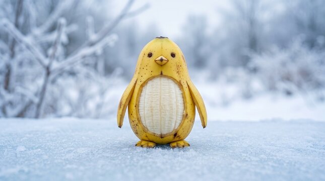 A banana sculpted into the shape of a penguin stands in winter snow