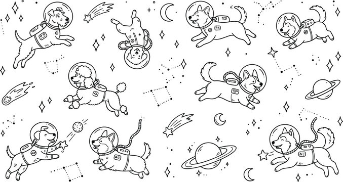 Cute astronaut dogs floating in space pattern template with funny puppy characters planets stars and constellations background