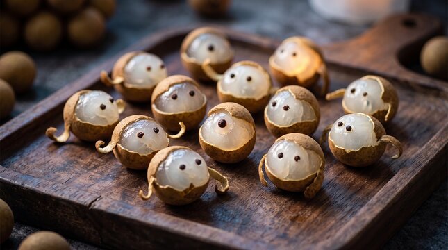 Carved longan fruits shaped as monkeys on a wooden tray
