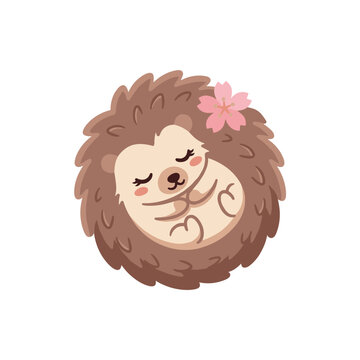 Cute hedgehog with flower cartoon sticker, cheerful hand drawn vector clipart for kids nursery design