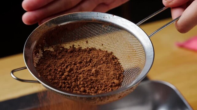 Sifting cocoa powder through a fine mesh strainer