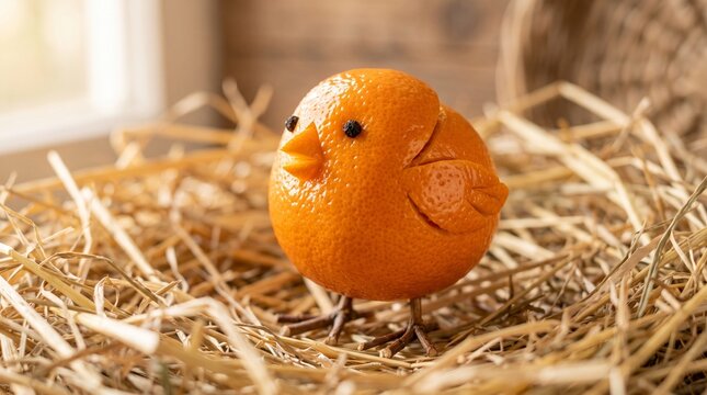 Carved clementine shaped like a chick rests amongst dried straw