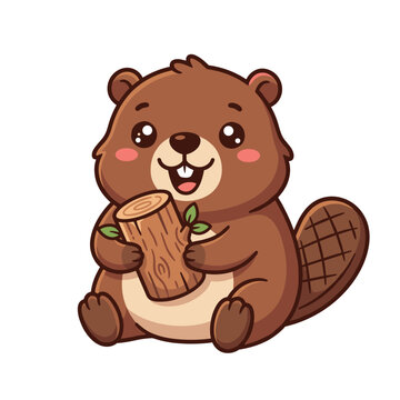Cute beaver with log cartoon sticker, cheerful hand drawn vector clipart for kids nursery design