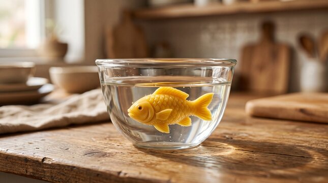 Carved jackfruit shaped as a fish floats in clear water