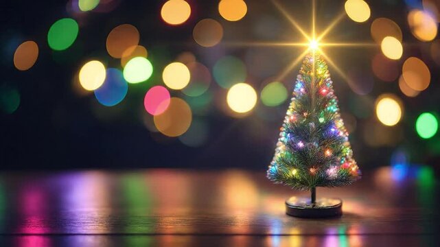 Small illuminated Christmas tree on a shiny wooden surface with colorful bokeh background lights, creating a festive and warm holiday atmosphere