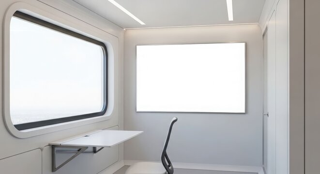 Modern minimalist interior of a train cabin or small office space with a window, fold-down desk, chair, and a blank white screen on the wall.