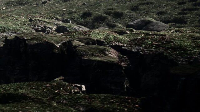 A scene shows large rocks scattered across the ground. The area is covered with grass and some plants, indicating a natural rural setting. Light shines on the rocks.