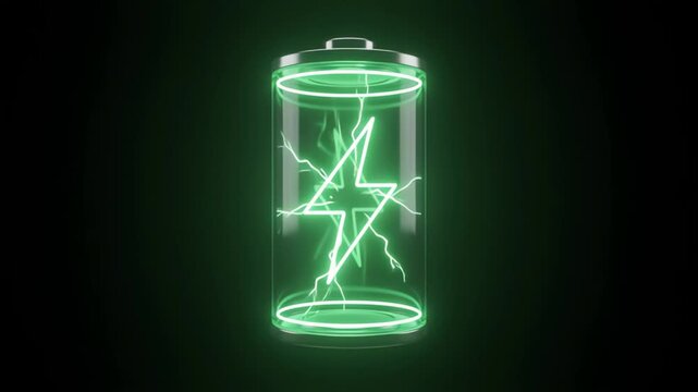 Green glowing battery with lightning symbol on dark background