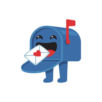 Cute mailbox with heart letter cartoon sticker, cheerful hand drawn vector clipart for kids nursery design