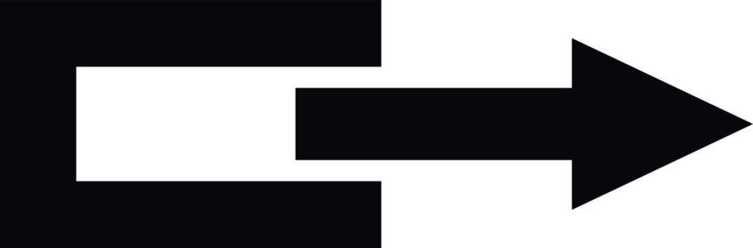 Black abstract arrow exiting an open bracket shape during a forward motion against a white background