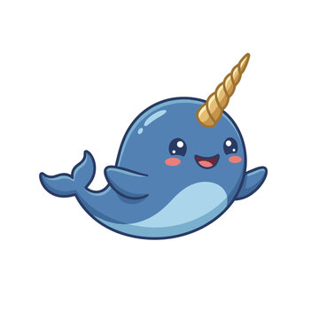 Cute narwhal cartoon sticker, cheerful hand drawn vector clipart for kids nursery design playful character