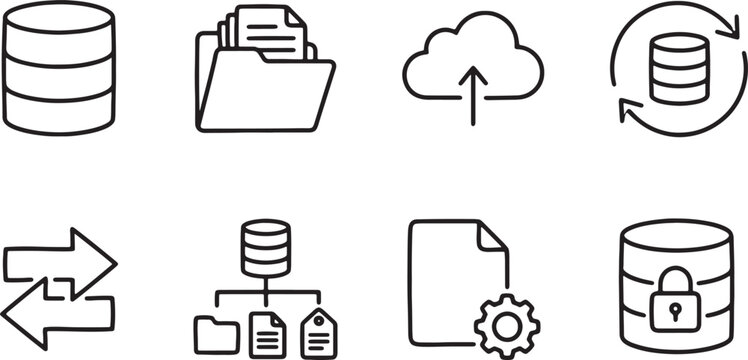 Database management icons depict cloud storage and information security protocols using a cohesive set of black and white vector outlines.