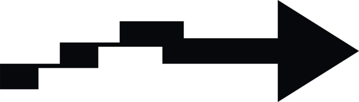 Black arrow shape progressing up steps against white background symbolizing growth and forward movement