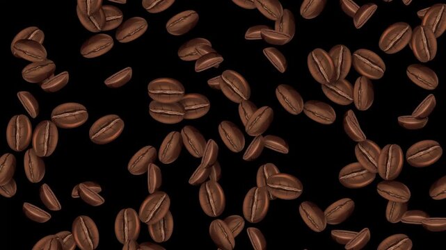Roasted Coffee Beans Falling Against a Solid Black Background