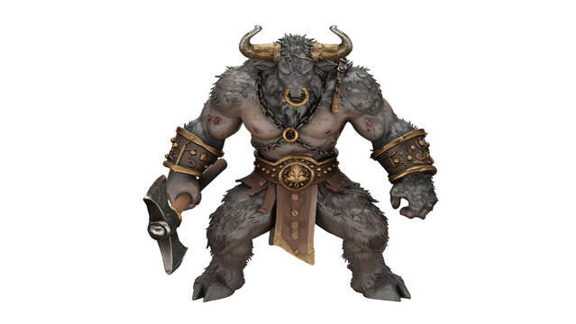 3d rendering minotaur warrior with labrys axe stands ready for battle