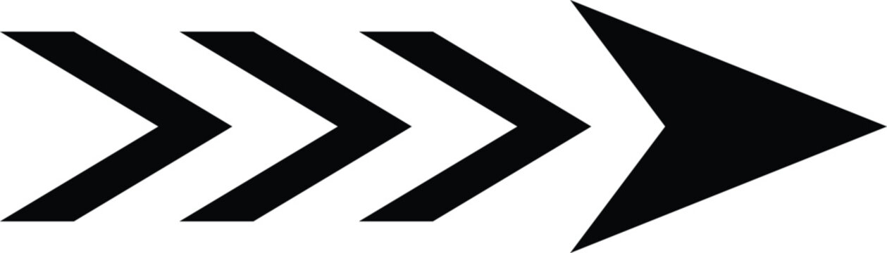 Black chevron arrow pointing right on white background with motion lines indicating progress and direction
