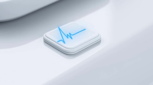 White square medical button with blue pulse line heart rate monitor icon on a clean modern surface for healthcare technology concepts