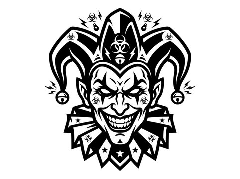 Evil Jester Character with Biohazard Symbols and Lightning Bolts