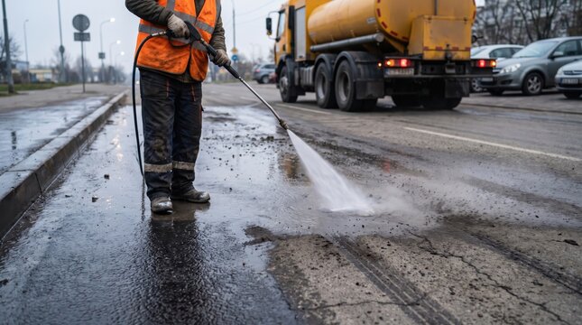 A municipal worker in an orange high-visibility vest uses a high-pressure water sprayer to clean a wet, dirty asphalt road surface next to a yellow tanker truck on a cloudy day