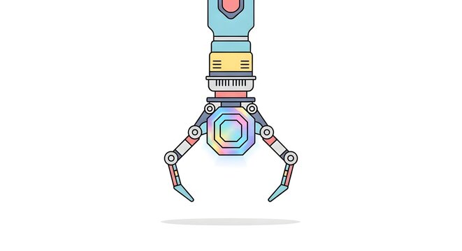 Colorful futuristic robot with multiple arms and glowing eyes.