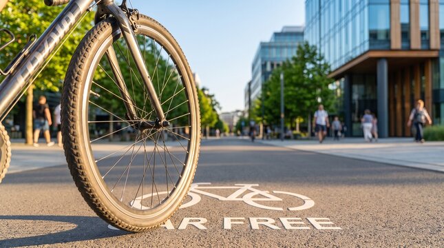 Close-up of a modern bicycle wheel on a marked cycling lane during World Car Free Day, promoting sustainable transport, green mobility, and eco-friendly urban living.