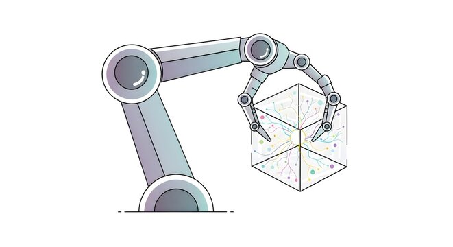 Robotic arm handling a geometric cube in a modern industrial setting.