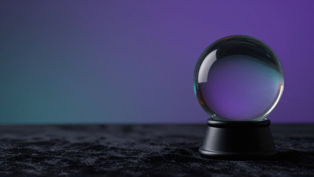Crystal ball fortune telling mystical purple blue black pedestal reflection creates mysterious Halloween atmosphere on dark textured surface, evoking magic and imagination