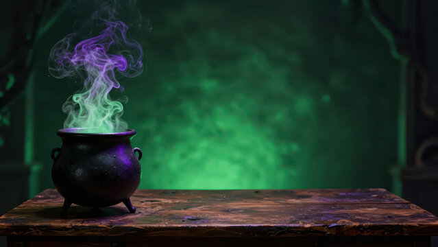 Halloween cauldron smoke purple green table witchcraft mystical magic vapor forms eerie scene, creating dramatic spooky atmosphere with glowing color and curling vapor against dark background