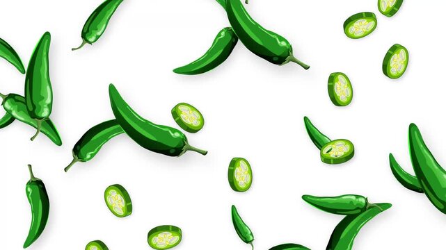 Falling Green Chili Peppers and Slices on White Background