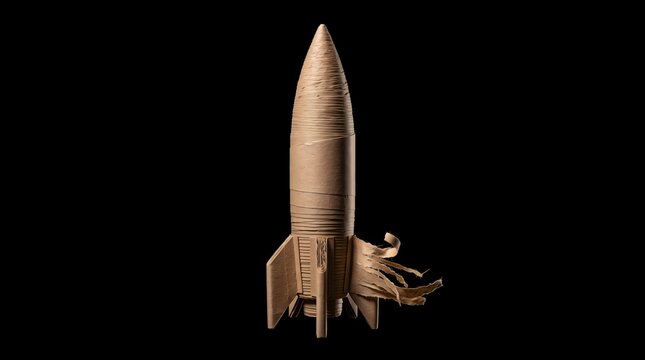 A handcrafted paper rocket ship model made from recycled cardboard, representing a fragile launch, sustainable innovation, or a creative prototype against a black background.