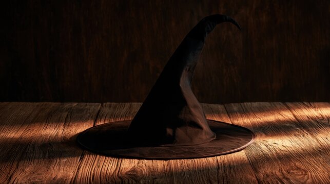 Dark pointed witch hat lying on old wooden floor illuminated by warm light casting shadow in mysterious room atmosphere with rustic texture and vintage style