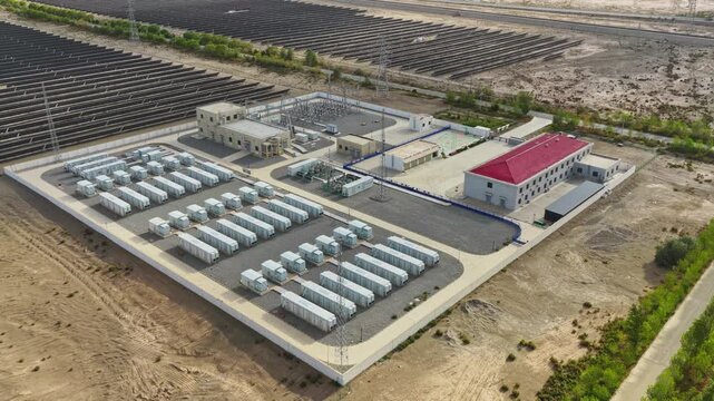 Energy storage station at sunset, new energy, shared power energy, solar photovoltaic power plant