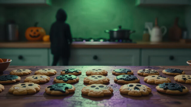 Halloween cookie kitchen scene child silhouette table skull pumpkin monster biscuit decoration and autumn food under green light in dim home interior setting