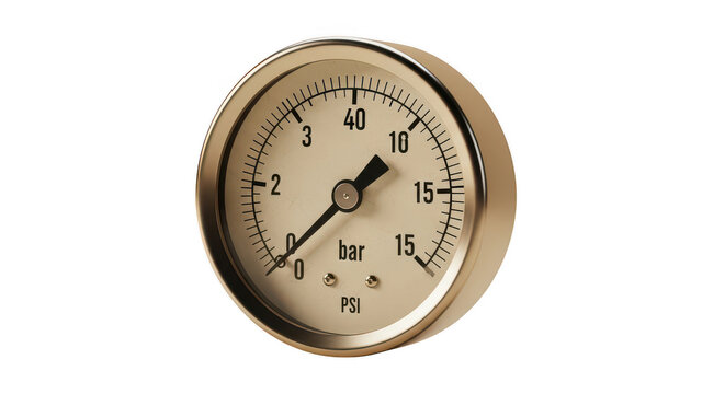 Industrial pressure gauge displaying current bar and psi readings with black needle.