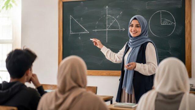 Muslim female teacher in hijab explaining geometry and mathematics to students at a chalkboard during a school classroom lesson.