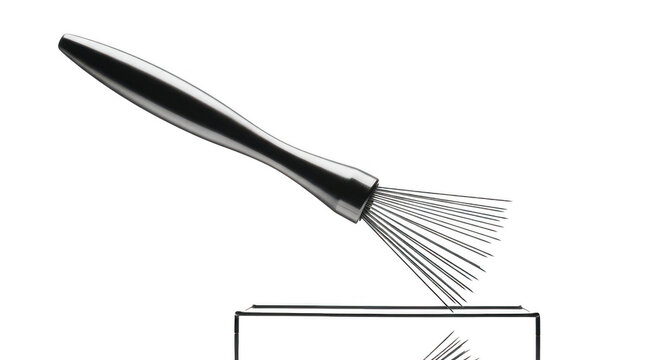 Sleek silver bar muddler and cocktail whisk resting on a clear glass block.