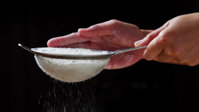Sifting fine white flour through a mesh strainer against a black background