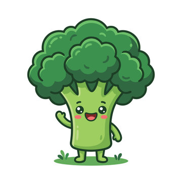 Cute broccoli character cartoon sticker, cheerful hand drawn vector clipart for kids nursery design